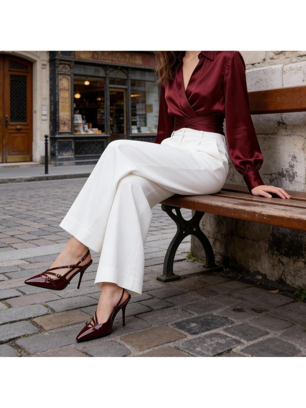 Women Burgundy Slingback Kitten Pointed Toe Pump High Stiletto Heel Shoes - Picture 2 of 6